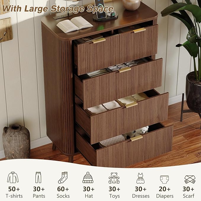 Alohappy Fluted 5 Drawers Dresser for Bedroom, 48" Tall Mid Century Modern Chest of Drawers with Curved Profile Design, Wood Storage Dressers for Closet Bedroom, Living Room, Hallway, Entryway