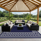 GENIMO Outdoor Rug Waterproof Area 10'x14' for Patio, Foldable Reversible Plastic Straw Carpet for Travel Trailers, Outside Mat for Rv, Deck, Picnic, Porch, Camper, Balcony, Beach, Blue & White