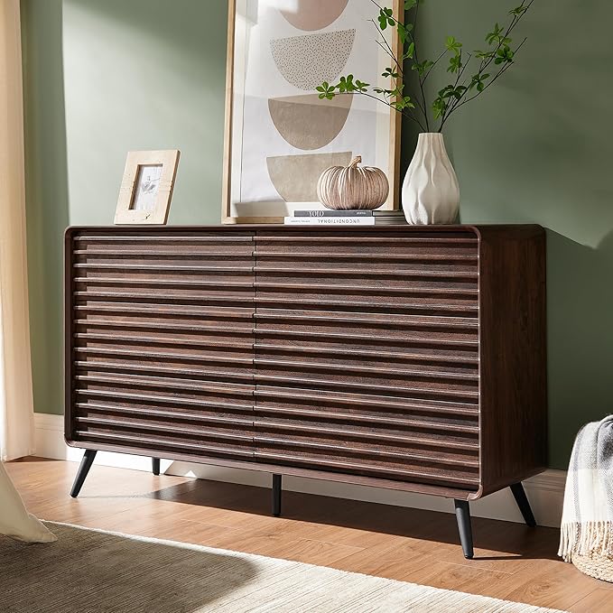 RedLemon 6 Drawers Dresser for Bedroom, 54'' Wide Mid Century Modern Wood Fluted Double Dresser, Chest of Drawers with Tapered Leg for Bedroom, Living Room, Hallway, Closet, Dark Walnut