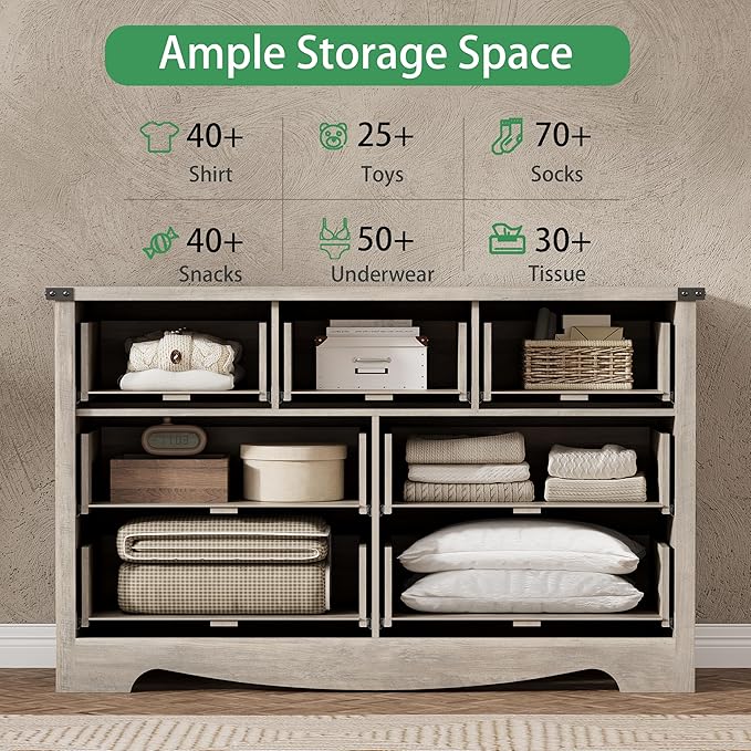 Dresser for Bedroom with 7 Drawers, 48" Wide Modern Chest of Drawers with Deep Drawers & Mental Handle, Wood Dresser TV Stand, Wooden Closet Storage Organizer for Living Room, Hallway, Entryway, Grey