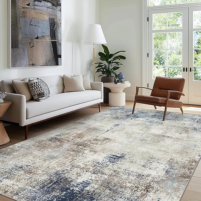 Area Rugs 8x10 Machine Washable Rug for Bedroom Living Room, Large Modern Abstract for Dining Room, Indoor Low Pile Carpet Soft Rugs with Non Slip Rubber Backing, Abstract Blue Gray