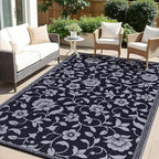 OLANLY Waterproof Outdoor Rug 9x12 ft, Outdoor Plastic Straw Rug with Flower Pattern, Reversible RV Mat for Patio, Camping, Balcony, Deck, Backyard, Black & Grey