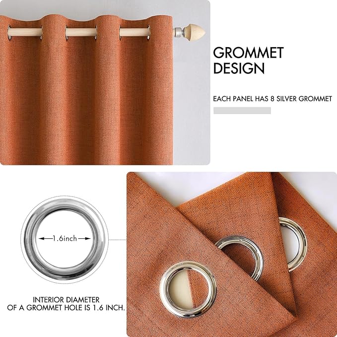 MIULEE Linen Curtains for Bedroom 100% Blackout Thermal Insulated Orange Grommet Room Darkening Curtains & Drapes Fall Decor for Living Room Nursery 52 x 90 Inch (2 Panels)