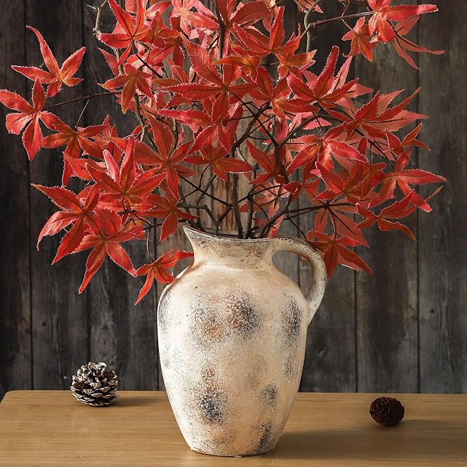 Vintage Farmhouse Pottery Vase, 9.7 inch Handcrafted Decorative Ceramic Vase for Home, Dining Table, Bathroom, or Bookshelf Accents