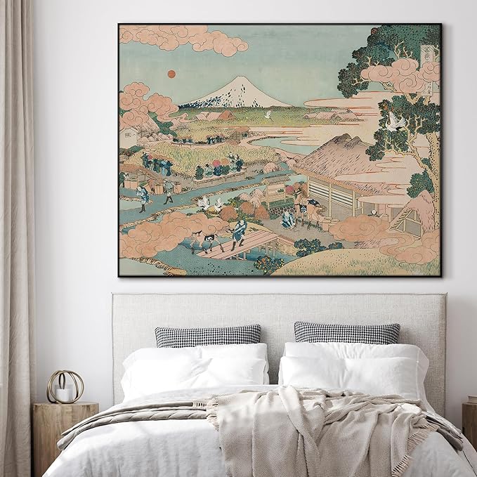 SIGNWIN 46"x60" Extra Large Framed Wall Art Japanese Ukiyo-e Landscape, Timeless Mt. Fuji Scene for Zen-Inspired or Asian-Style Interiors for Home Living Room Bedroom Decor (Frame Assembly Required)
