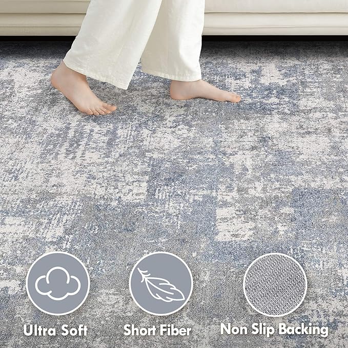Tortania Washable 9x12 Area Rug for Living Room: Modern Abstract Neutral Large Soft Thin Rugs - Non Slip Indoor Carpet for Bedroom Dining Room Office Nursery Home Floor Decoration - Blue Grey