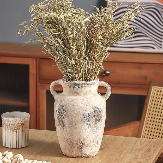Farmhouse Ceramic Vase with Handle,9.7 inch Handcrafted Vintage Terracotta Pottery Vases for Shelf Decor, Coffee Table Styling, or Bedroom Accent