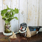 CVHOMEDECO. Wood Beads Garland with Tassels Farmhouse Rustic Wooden Prayer Bead String Wall Hanging Accent for Home Festival Decor. Teal Mix Distressed