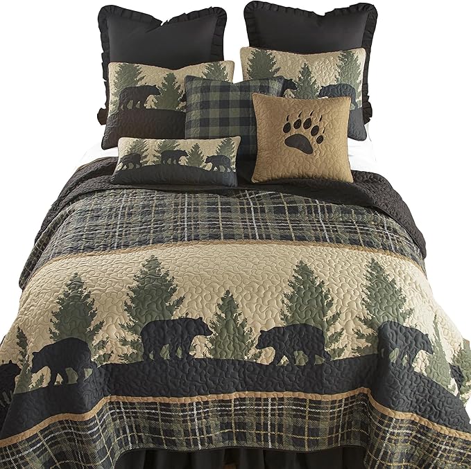 Donna Sharp Full/Queen Quilt - Bear Walk Plaid Lodge Quilt with Bear Pattern - Fits Queen Size and Full Size Beds - Machine Washable