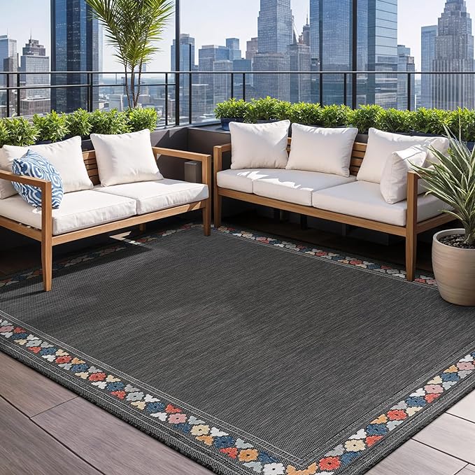 Beverly Rug Outdoor Rug 5x7 Modern Bordered Area Rugs for Indoor and Outdoor Patio Easy to Clean Non Shedding Living Room Porch Garden Washable Outside Carpet (5 x 7 Dark Gray)