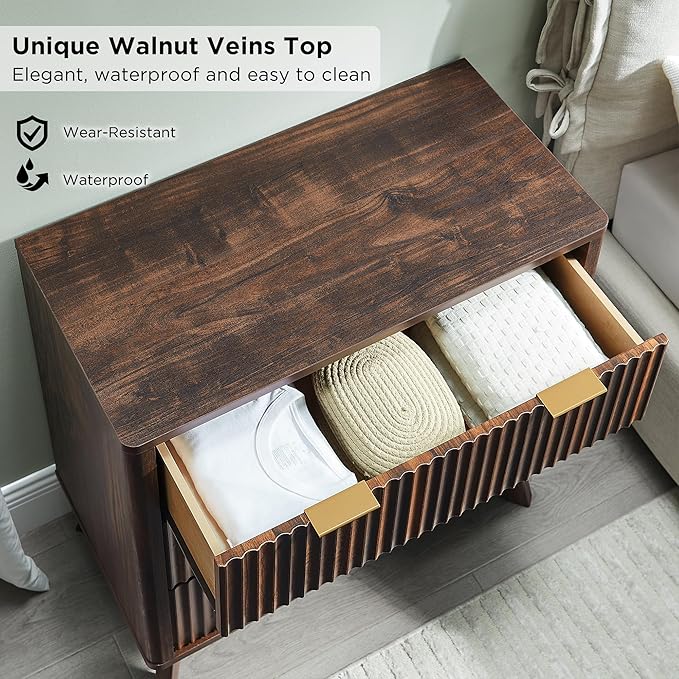 T4TREAM Fluted 3 Drawer Dresser, 32" Tall Modern Chest of Drawers, Curved Profile Design, Wood Drawer Organizer for Bedroom, Living Room, Hallway, Entryway, Dark Walnut