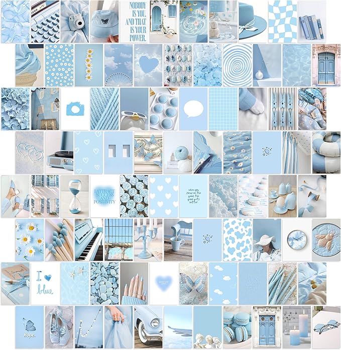 Y2K BOO Baby Blue Wall Collage Kit - 100 Aesthetic Light Blue Posters for Teen Girl Room Decor, 4"x6" Minimalist Prints for Dorms, Bedrooms & College Apartment Wall Art