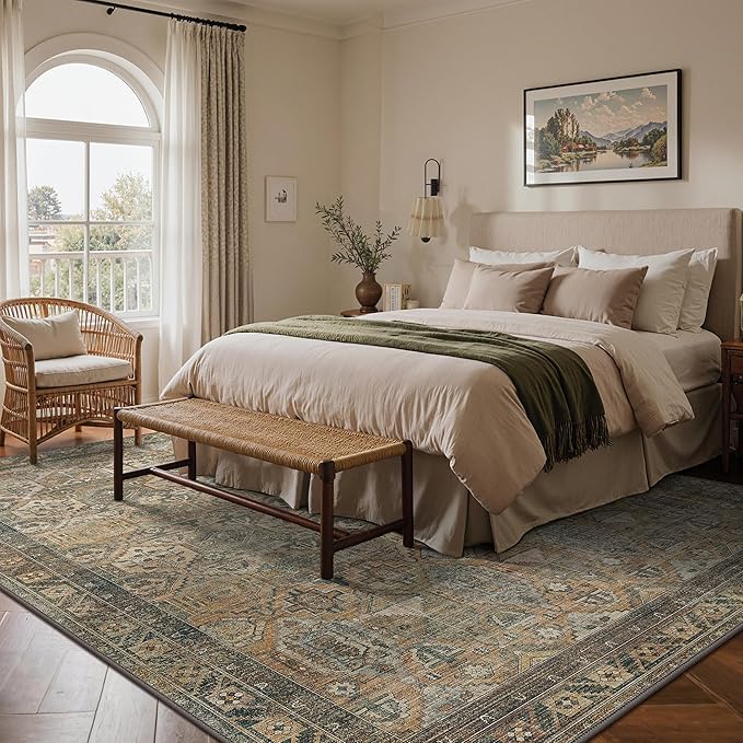 GENIMO 8x10 Area Rugs for Living Room, Machine Washable Non Slip Vintage Rugs, Low Pile Lightweight Chenille Print Rug for Bedroom, Dining Room, Home Office, Warm Taupe