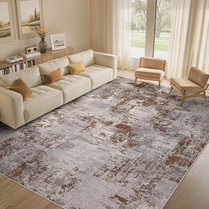 Tortania Washable 10x13 Area Rug for Living Room: Modern Abstract Neutral Large Soft Thin Rugs - Non Slip Indoor Carpet for Bedroom Dining Room Office Nursery Home Floor Decoration - Brown