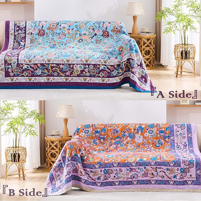 Fall Blanket for Bed, 100% Cotton Soft Rustic Boho Throw Blanket Quilt, 80"x90" Farmhouse Decor Bed Flower Blankets, Light Weight Reversible Bohemian Throw Quilt