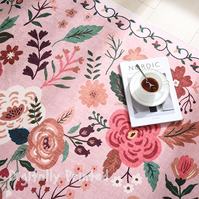 Round Rug 4ft Washable Circle Rug Non Slip Low Pile Boho Floral Small Circular Rug for Bedroom, Bathroom, Entryway, Kids Room, Office, College Dorm(Pink)