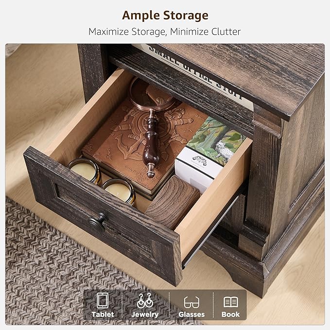 Farmhouse Nightstand with Charging Station, 18" End Table with 2 Drawers Storage and 1 Storage Shelf, Wooden Sofa Side Table w/Roman Column, Bedside Cabinet for Bedroom, Living Room, Dark Rustic Oak