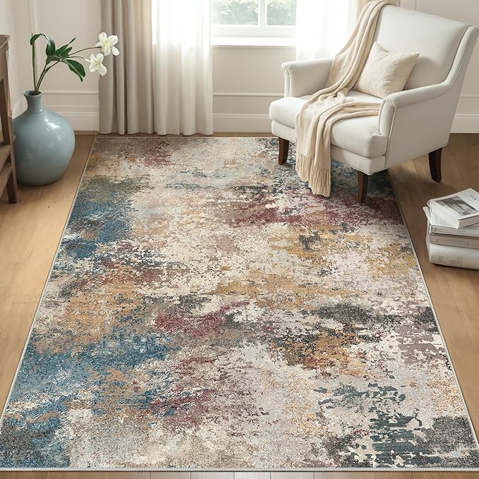 Area Rugs 6x9 Machine Washable Area Rugs for Living Room Bedroom Dining Room, Large Modern Abstract Colorful Soft Rugs, Indoor Low Pile Carpet with Non Slip Rubber Backing, Multi Beige