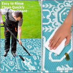 Outdoor Rug 9x12 Waterproof Reversible Plastic Straw Patio Rug, Stain-Resistant Vintage Medallion Carpet, Large Easy-Cleaning Indoor Outdoor RV Mat for Deck, Camping, Balcony, Light Blue/White