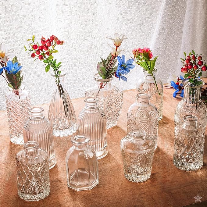Glass Vase Bud Vase in Bulk Set of 12，Small Vintage Flower Bottle Petite Glass Flower Vase for Floral Arrangements, Decorative Centerpiece,Table Decor,Home Wedding Party