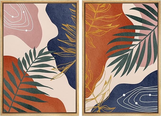 SIGNFORD Framed Canvas Print Wall Art Set Retro Mid-Century Geometric Forest Plants Abstract Shapes Illustrations Modern Art Decorative Bohemian for Living Room, Bedroom, Office - 24"x36"x2 Natural