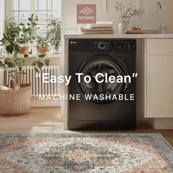 GENIMO 9x12 Area Rugs for Living Room, Non Slip Machine Washable Vintage Rugs, Low Pile Lightweight Chenille Print Large Rug for Bedroom, Dining Room, Home Office, Blue Brick Red