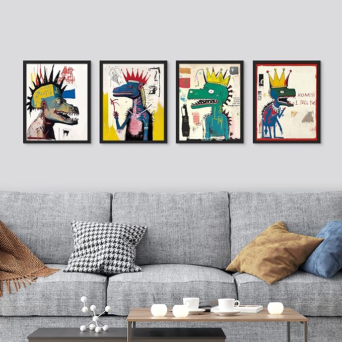SIGNWIN Framed Vintage Retro Antique Basquiat Dinosaur Print Wall Art, Set of 4 Illustration Wall Decor Prints, Multicolor Contemporary Wall Décor for Living Room, Bedroom - 12"x16" Black