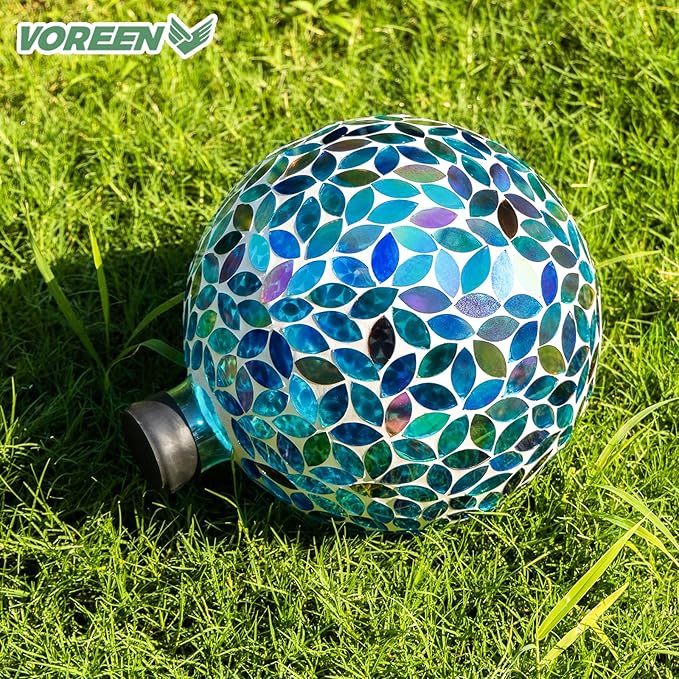 VOREEN 10-Inch Gazing Ball Glass Mosaic Gazing Globe, Outdoor Reflective Ball Yard Decoration for Homes, Patio, Lawn and Gardens, Gift for Mom Wife Friend, Blue and Amber