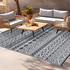 GAOMON Outdoor Rug Waterproof 8'x10', Reversible Outdoor Plastic Straw Rug, Boho Patio Rug, Indoor Outdoor Carpet, RV Mat Outside for Patio, Camp, Picnic, Balcony, Deck, Grey/White(Bohemia)