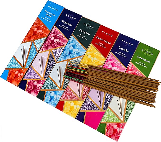 Naqsh Premium Hand Rolled Incense- Assorted 6x20 Mesmerizing Incense Sticks Including Lavender, Dragon's Blood, Frankincense Myrrh, Lemongrass, Eucalyptus, and Nagchampa