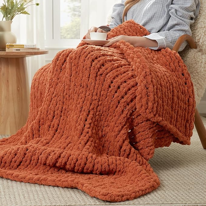 Amélie Home Chunky Knit Throw Blanket for Couch, Soft Chenille Crochet Blanket for Sofa, 50"x60", Burnt Orange