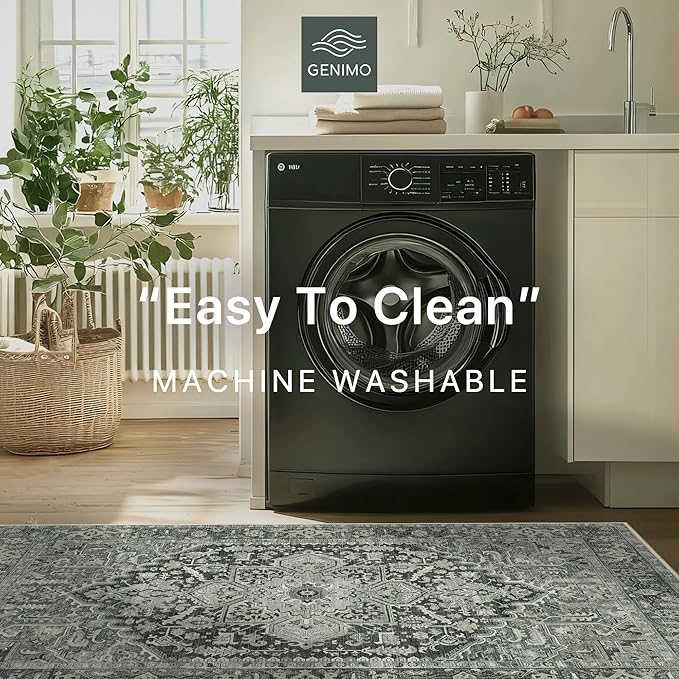 GENIMO Machine Washable 9x12 Area Rugs for Living Room, Non Slip Vintage Rugs, Low Pile Lightweight Chenille Print Rug for Bedroom, Dining Room, Home Office, Night Black