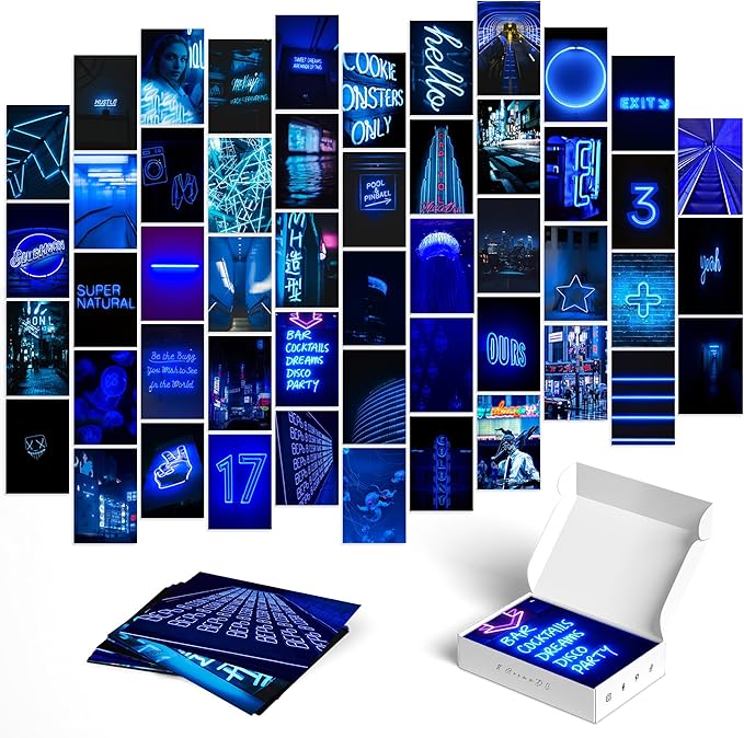 Y2K BOO Vibrant Blue Neon Wall Collage Kit - 50pcs Aesthetic Posters for Room Decor, Perfect Dorm and Bedroom Wall Art, Trendy Modern Neon Blue Collage Kit for Teen Girls