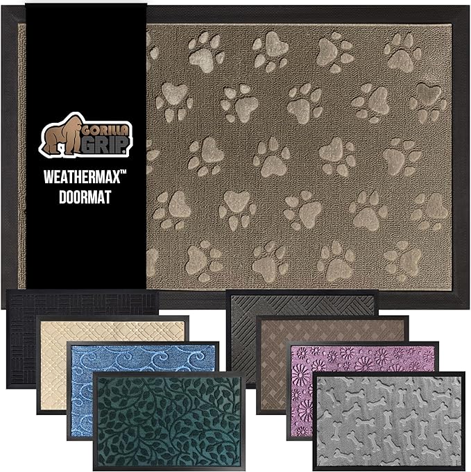 GORILLA GRIP 100% Waterproof All-Season WeatherMax Doormat 35x23, US Designed Natural Rubber, Stain and Fade Resistant, Low Profile Indoor Outdoor Door Mats, Easy Clean Patio Mat, Tan Pawprints