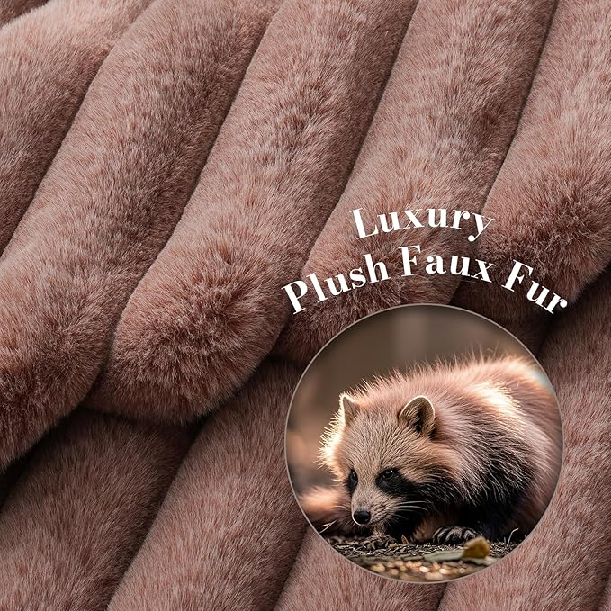 Amélie Home Faux Fur Throw Blanket for Couch, Ultra Cozy Fuzzy Fluffy Fur Luxurious Soft Striped Plush Gift Blankets for Family Sofa Chair Bed Living Room Bedroom, 60"x80", Ionic Fox Brown