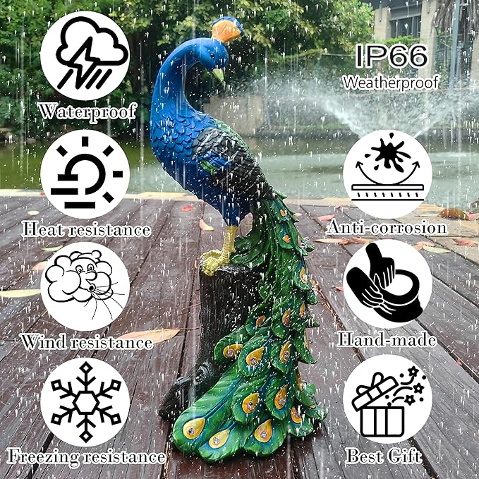 Solar Garden Decor Peacock Statues with Succulent LED Lights,Peacock Figurine Lights Outdoor Decorations for Yard Lawn Patio Balcony Whimsical Art Outside,Gifts for Mom Grandma Women