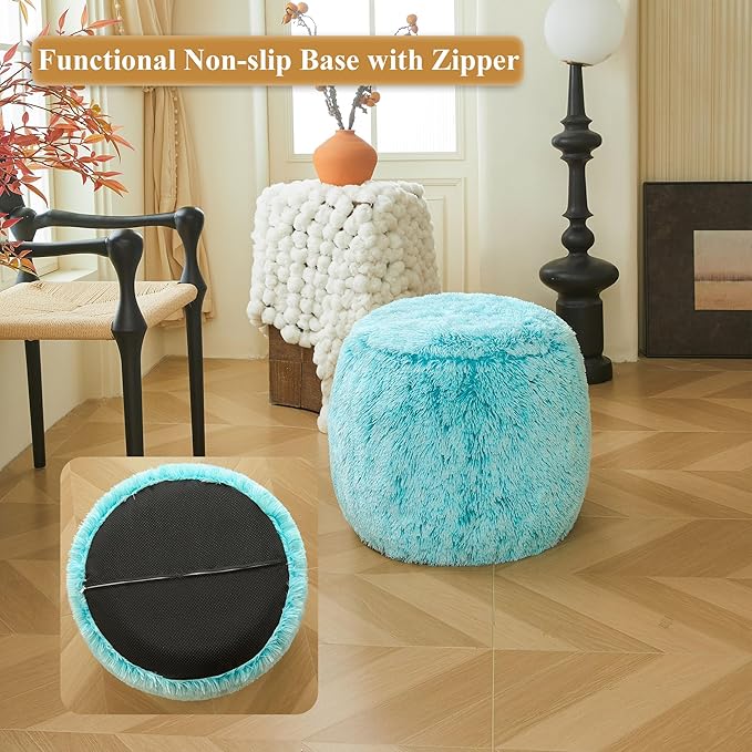 XeGe Fluffy Faux Fur Inflatable Pouf Ottoman, Cozy Portable Fuzzy Foot Stool, Furry Foot Rest Floor Pouf Anti-Slip Kids Girls Adult, Cute Round Ottoman Cushion for Living Room Bedroom, Ombre Aqua