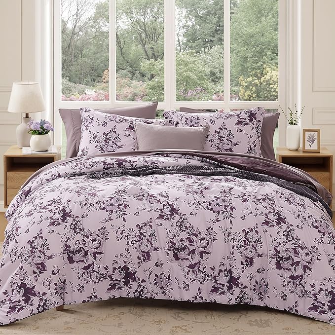 King Comforter Set -7 PiecesDeep Purple Floral Comforter Set for All Seasons, Bed in a Bag King with Botanical Flowers Comforter, Sheets, Pillowcases & Shams