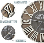 18" Rustic Farmhouse Wash Out Vintage Roman Wooden Wall Clock Silver Hands (Whitewood Lettering, 18 inch)