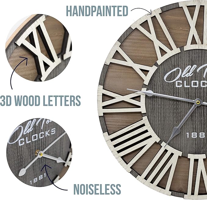 30" Rustic Farmhouse Roman Wooden Wall Clock Silver Hands (Whitewood Lettering, 30 inch)
