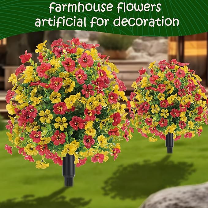 22.8" Set of 2 Fall Artificial Boxwood Topiary Ball with Spikes,UV Resistant Fake Outdoor shrubs with Violet Flowers, Realistic Faux Plants Bushes for Garden Front Porch Yard Patio Decor(Yellow+Red)