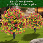 22.8" Set of 2 Fall Artificial Boxwood Topiary Ball with Spikes,UV Resistant Fake Outdoor shrubs with Violet Flowers, Realistic Faux Plants Bushes for Garden Front Porch Yard Patio Decor(Yellow+Red)