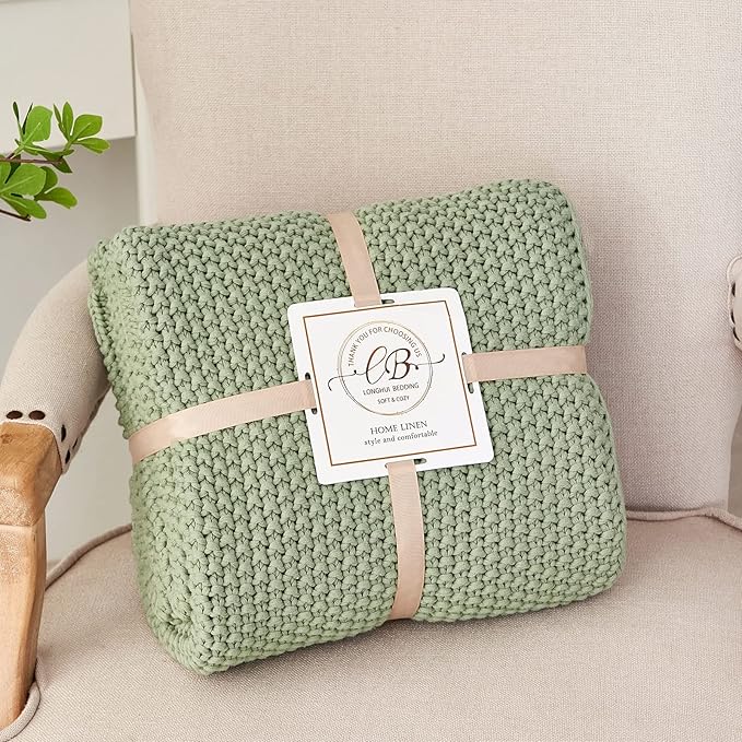 Chunky Cable Knit Throw Blanket Lightweight Light Green 100% Organic Cotton Blanket for Sofa Couch Bed Baby Nursery, Rustic Shabby Chic Modern Farmhouse, 51” x 63” Bonus Laundering Bag