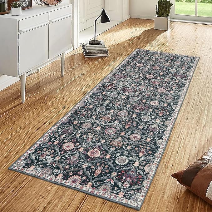 Lahome Moroccan Hallway Rug, 2'5''x8' Kitchen Runner Rugs Non Skid Washable Runners for Hallways, Ultra-Thin Oriental Carpet for Entryway Laundry Room Bedroom Bathroom, Black/Multi