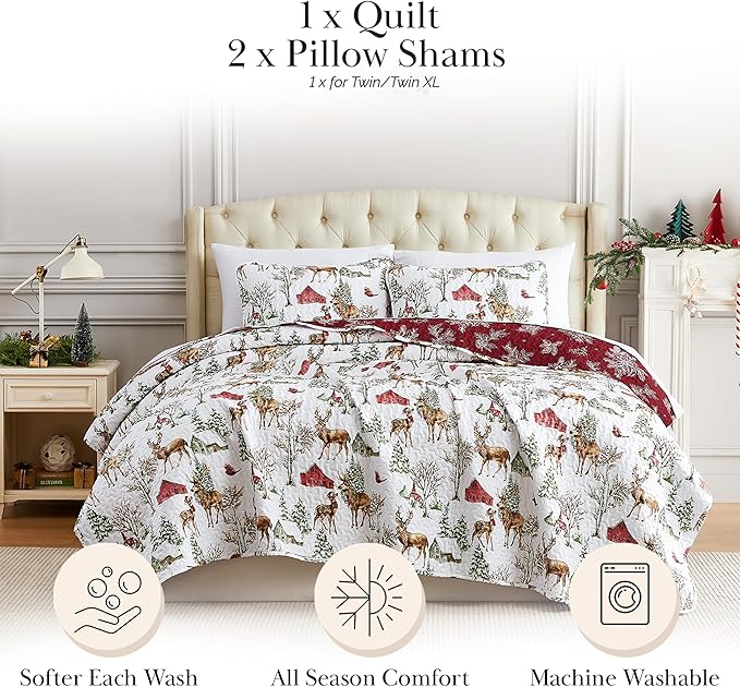 Southshore Fine Living, Inc. Christmas Quilt Twin/Twin XL with Pillow Sham, Reversible Holiday Farmhouse Bedding Set, 2-Sided Coverlet, Twin/Twin XL Bedspread - White Christmas Theme