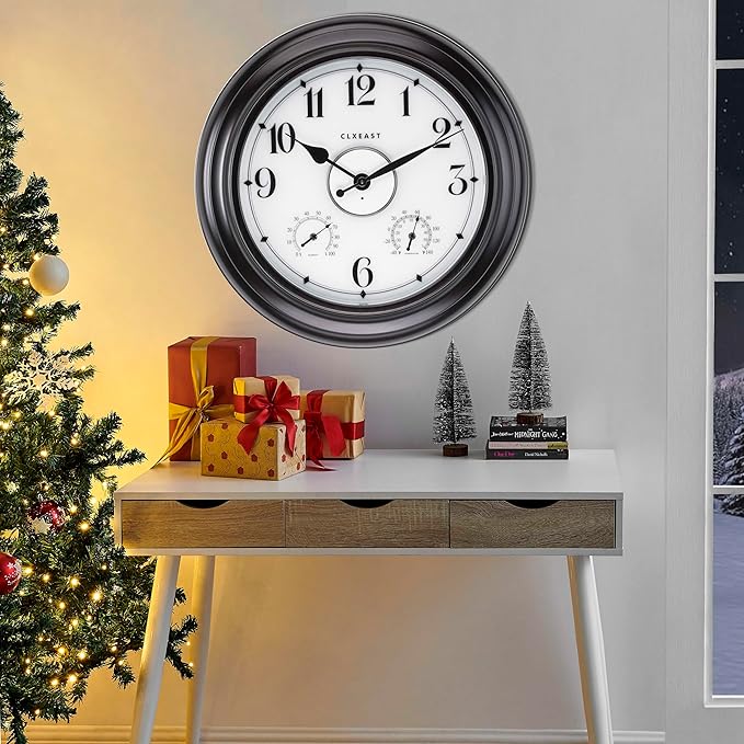 CLXEAST 24 Inch LED Self-Illuminated Outdoor Metal Clocks Waterproof, Large Lighted Outdoor Clock with Temperature and Humidity,House Warming Gifts New Home,Oil Rubbed Bronze Black
