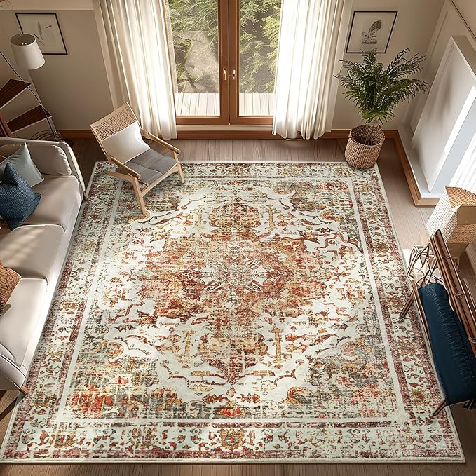 Topllen Washable Area Rug - Area Rug 6'x9' Boho Soft Living Room Rug, Non-Slip Large Area Rugs Indoor for Dining Room Livingroom Bedroom, Vintage Rug (Khaki, 6x9ft)