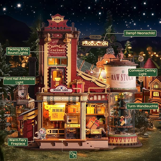 ROKR 3D Puzzle for Adults Christmas Style Dream Gift Factory Wooden Model Kit Luminous Factory DIY Dollhouse Kit Building with Music, Lights and 5 Elves for Adults
