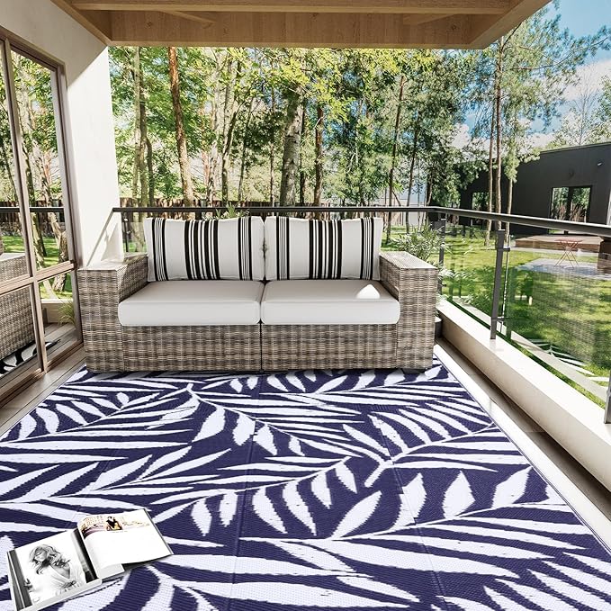 OLANLY Waterproof Outdoor Rug 5x8 ft, Reversible Outdoor Plastic Straw Rug with Leaf Pattern, RV Mat, Indoor Outdoor Carpet for Patio, Camping, Balcony, Deck, Backyard, Navy & White