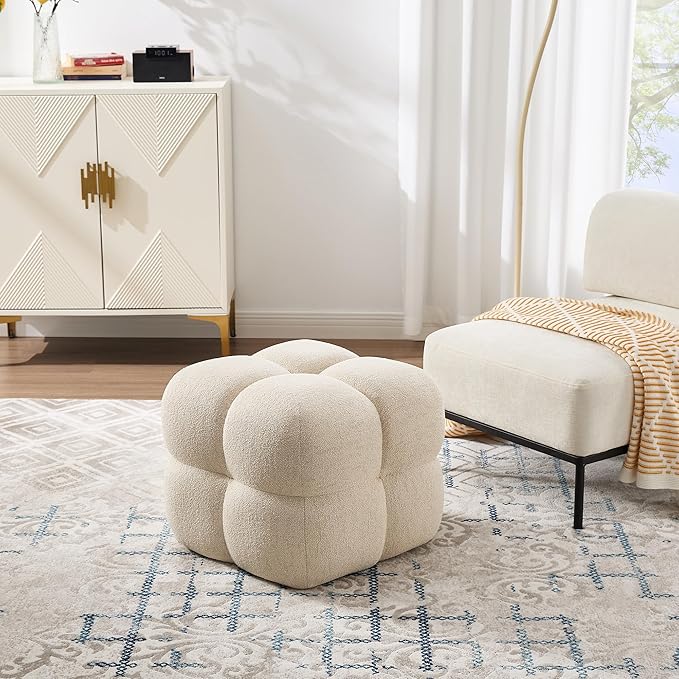 Zesthouse Square Pouf Ottoman Footstool, Modern Ottoman Coffee Table for Living Room, Beige Linen Stool Foot Rest, Upholstered Poofy Stool for Couch, Cute Vanity Chair Backless for Makeup Room Bedroom